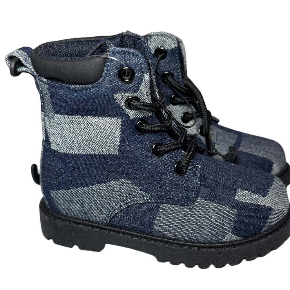 Blue and Black High-Top Boots with Geometric Pattern